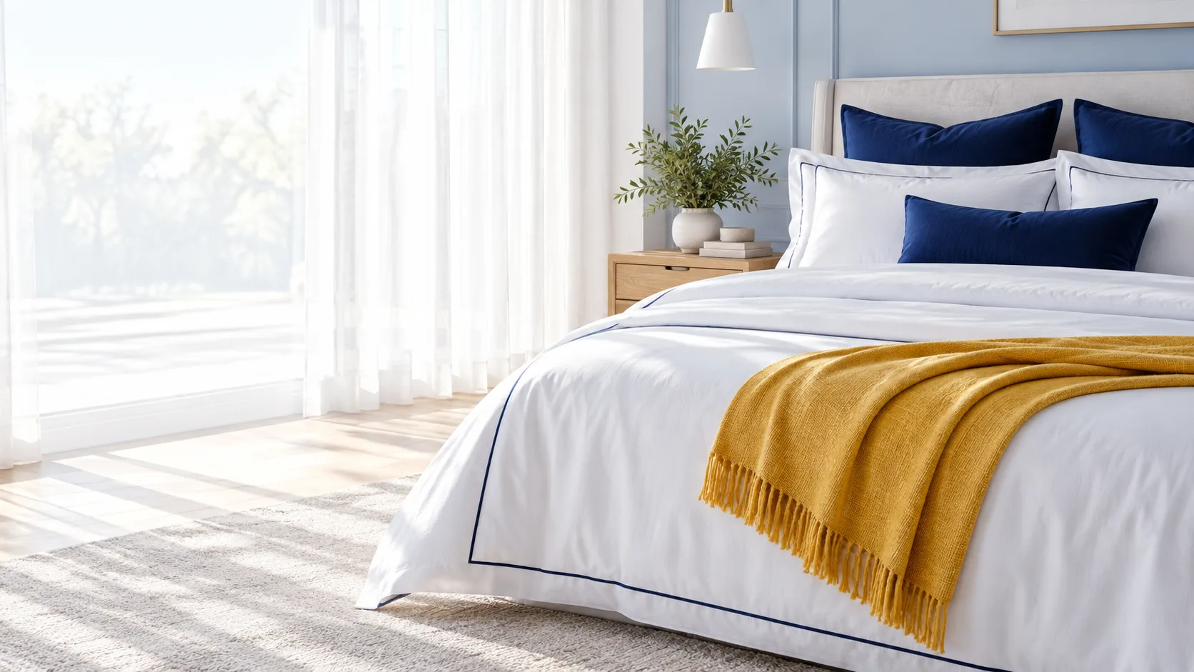 Cama de casal arrumada com lençóis brancos com vivo azul-marinho e manta amarela
